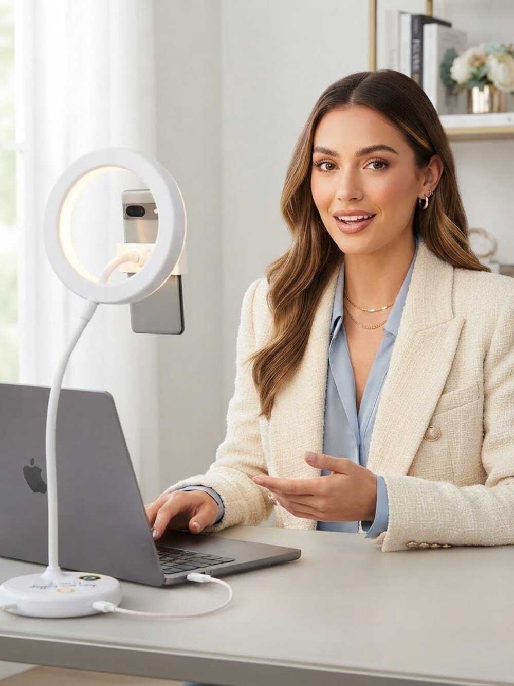 2-in-1 White Silver Vlogging Desk Lamp NWT Beauty Vlog Video‎ Ring Light